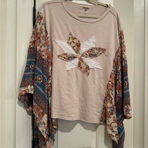 Boho Floral Patchwork Top with Bell Sleeves - Dusty Pink